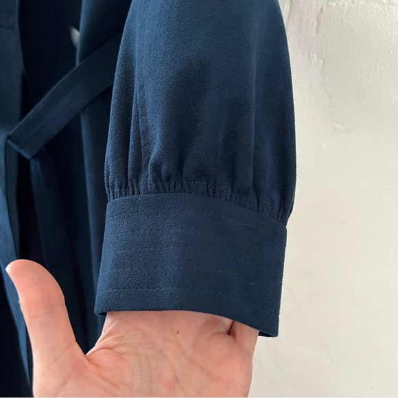 Vintage Hong Kong dark teal blue microsuede long wrap coat trench coat Medium - Picture 15 of 15